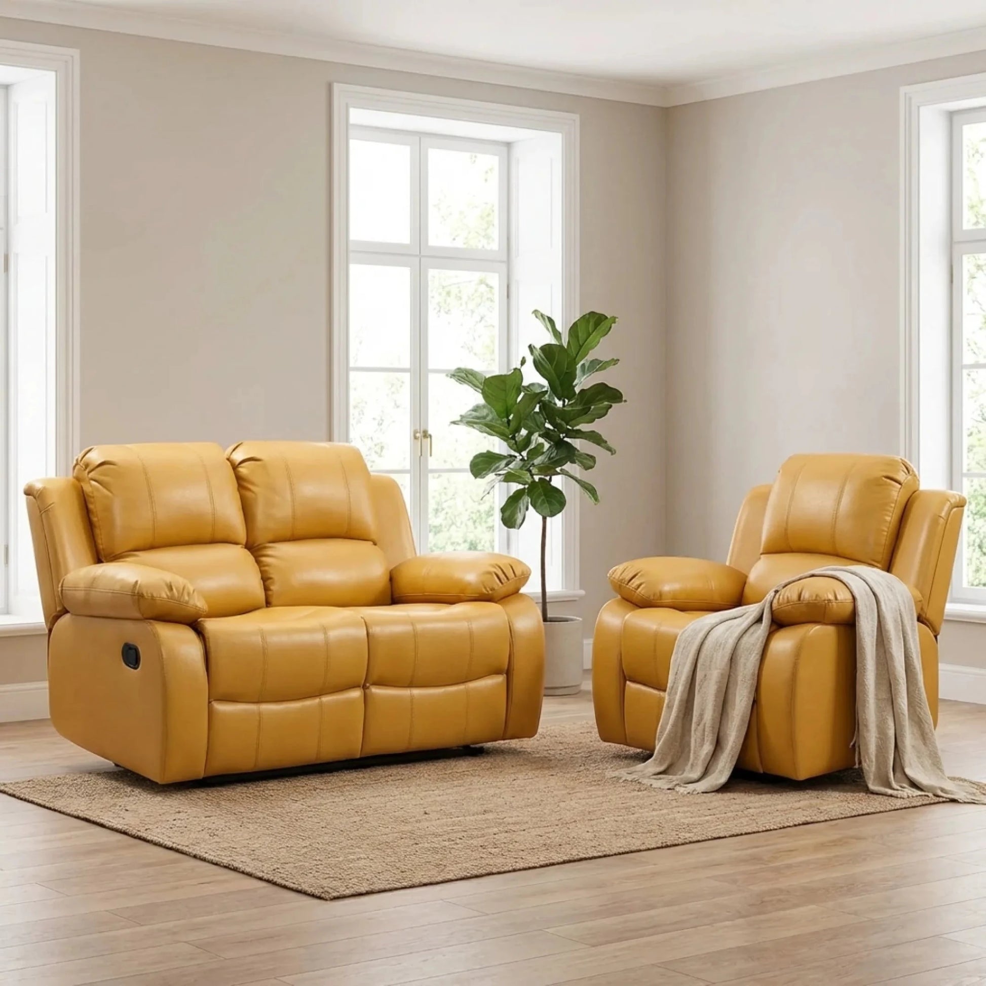 Valencia Mustard Leather Manual Recliner 2+1 Sofa Set - Furniture Instore