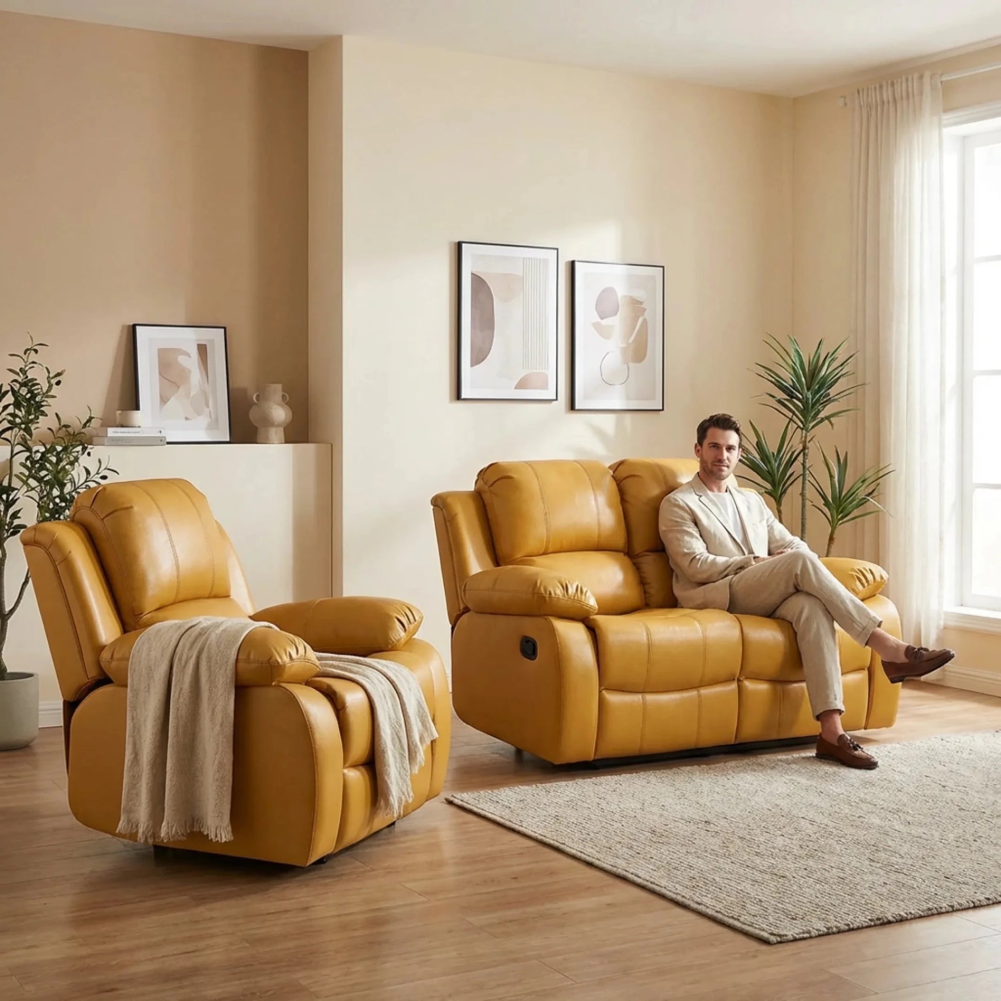 Valencia Mustard Leather Manual Recliner 2+1 Sofa Set - Furniture Instore