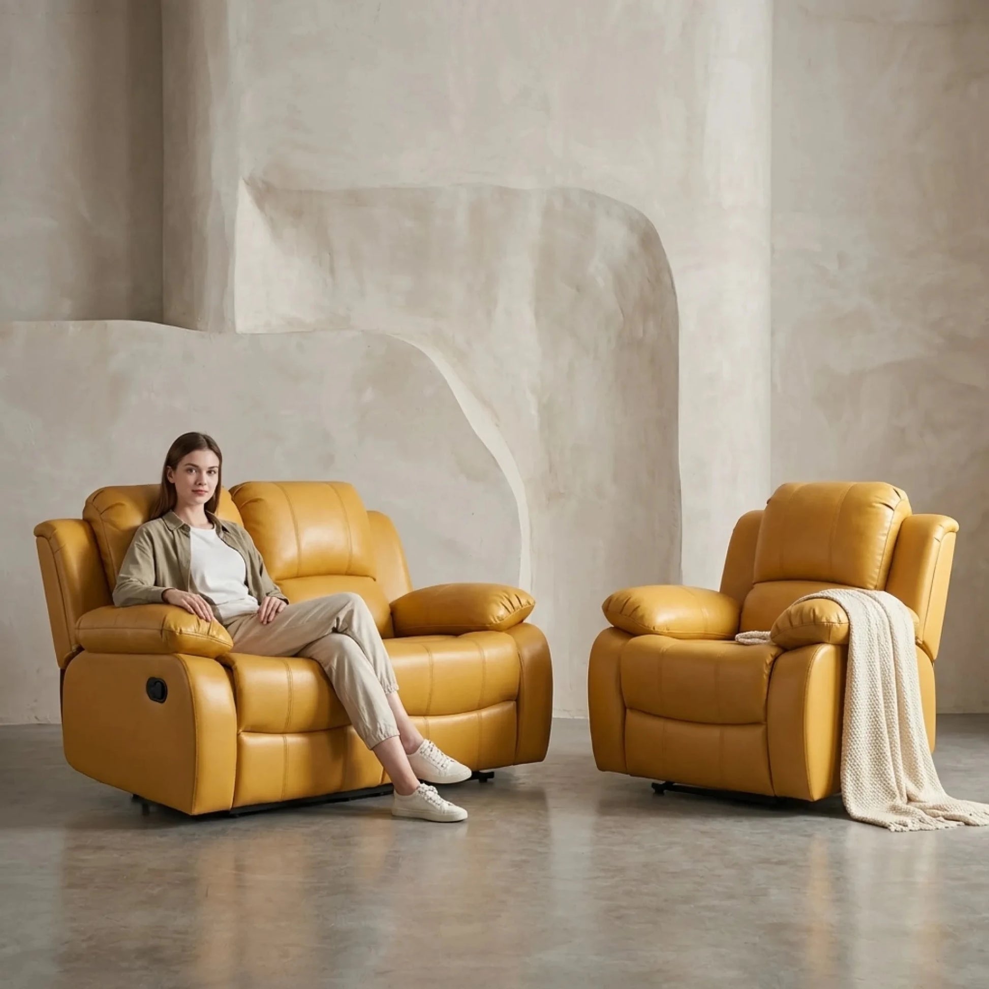 Valencia Mustard Leather Manual Recliner 2+1 Sofa Set - Furniture Instore