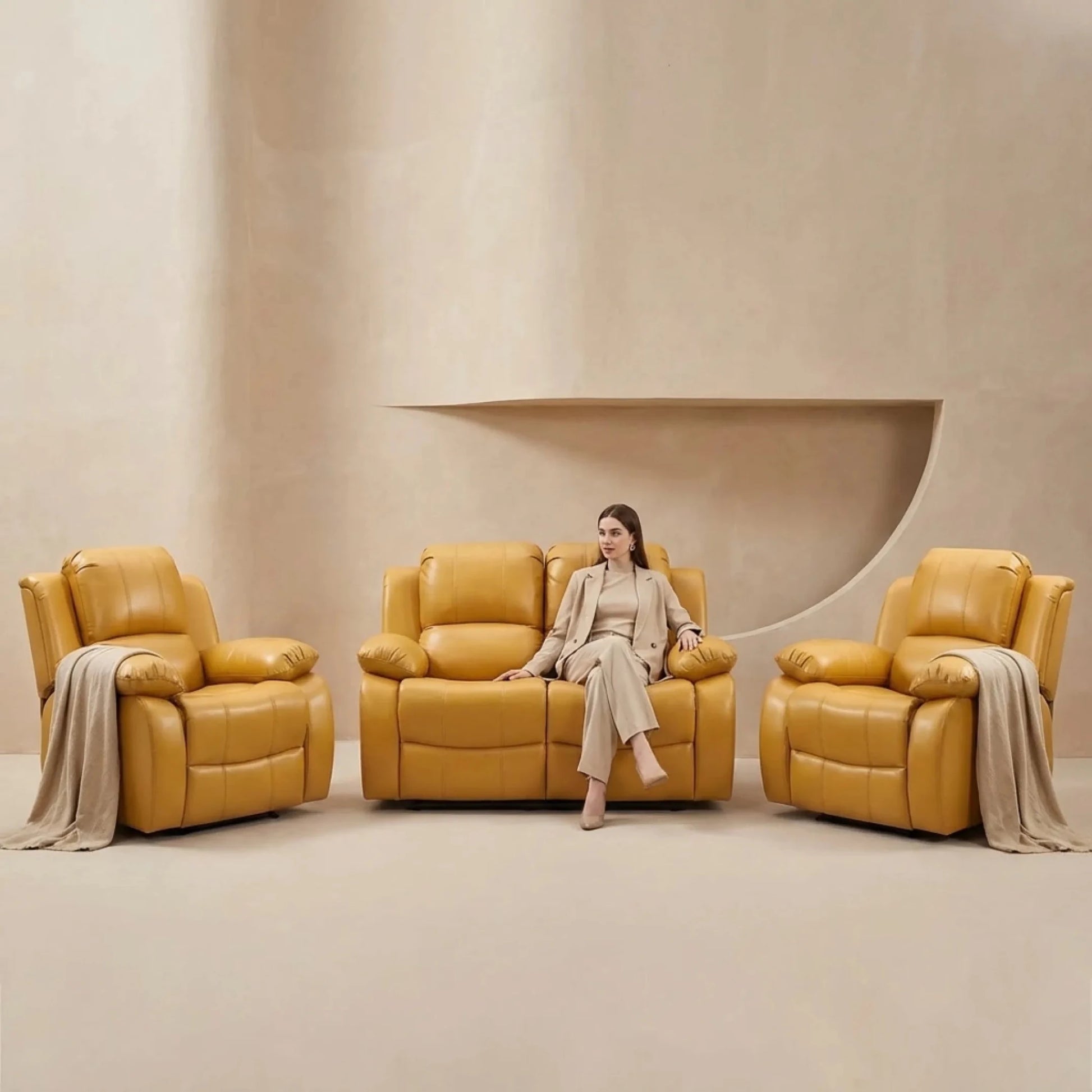 Valencia Mustard Leather Manual Recliner 2+1+1 Seater Sofa Set - Furniture Instore
