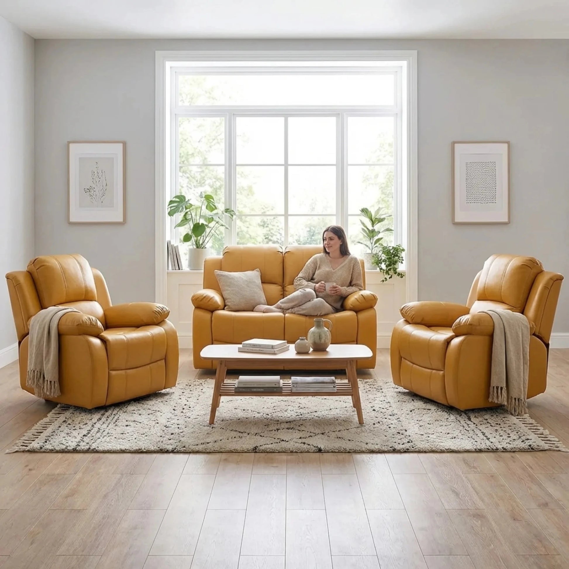 Valencia Mustard Leather Manual Recliner 2+1+1 Seater Sofa Set - Furniture Instore