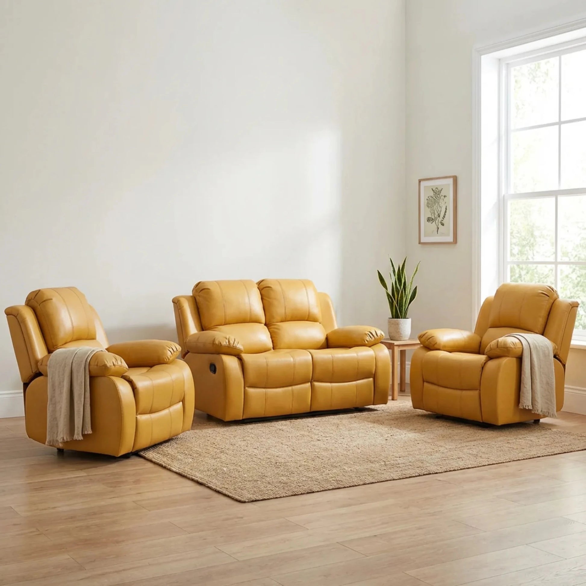 Valencia Mustard Leather Manual Recliner 2+1+1 Seater Sofa Set - Furniture Instore