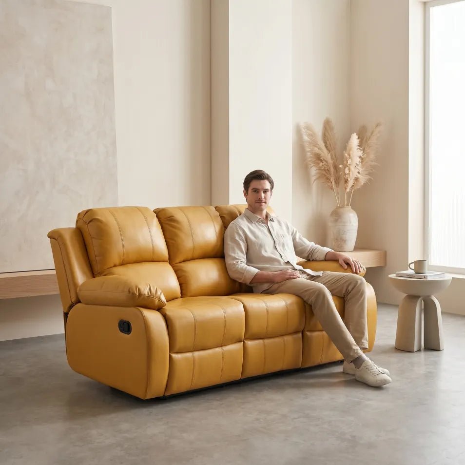 Valencia Mustard Leather Manual Recliner 3 Seater Recliner - view 2 - Furniture Instore