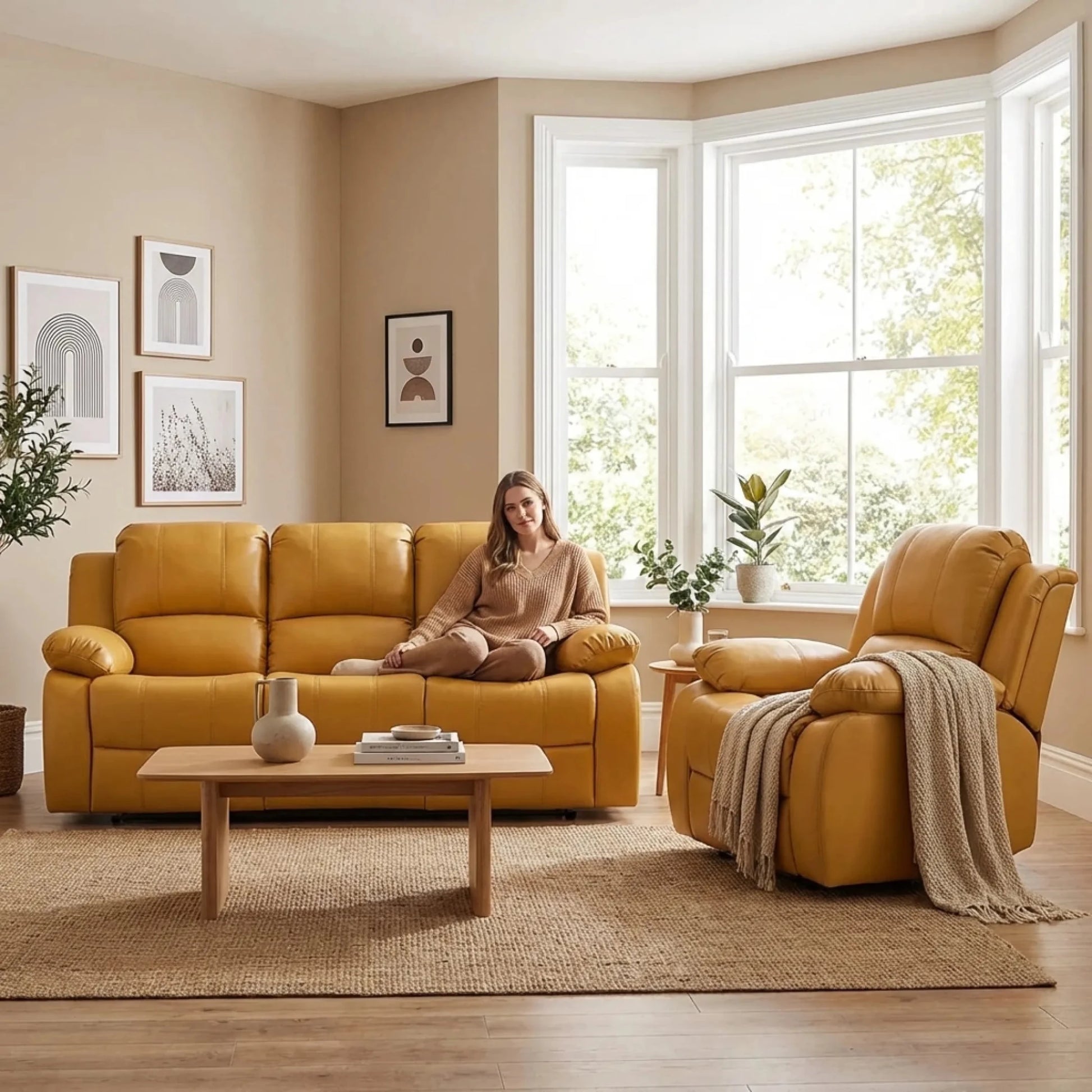 Valencia Mustard Leather Manual Recliner 3+1 Seater Sofa Set - Furniture Instore