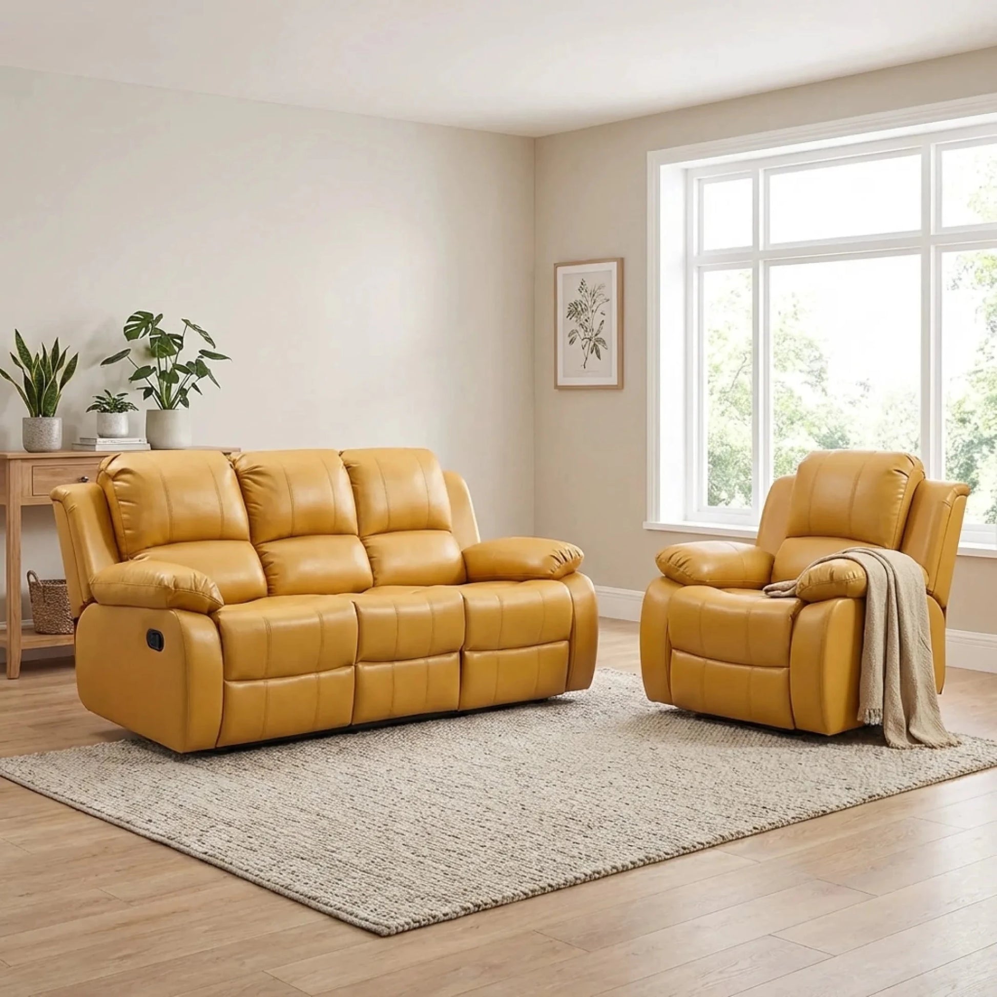 Valencia Mustard Leather Manual Recliner 3+1 Seater Sofa Set - Furniture Instore
