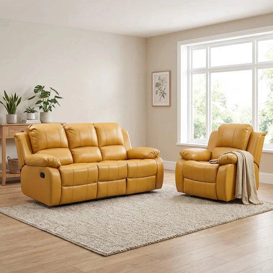 Valencia Mustard Leather Manual Recliner 3+1 Seater Sofa Set - Furniture Instore
