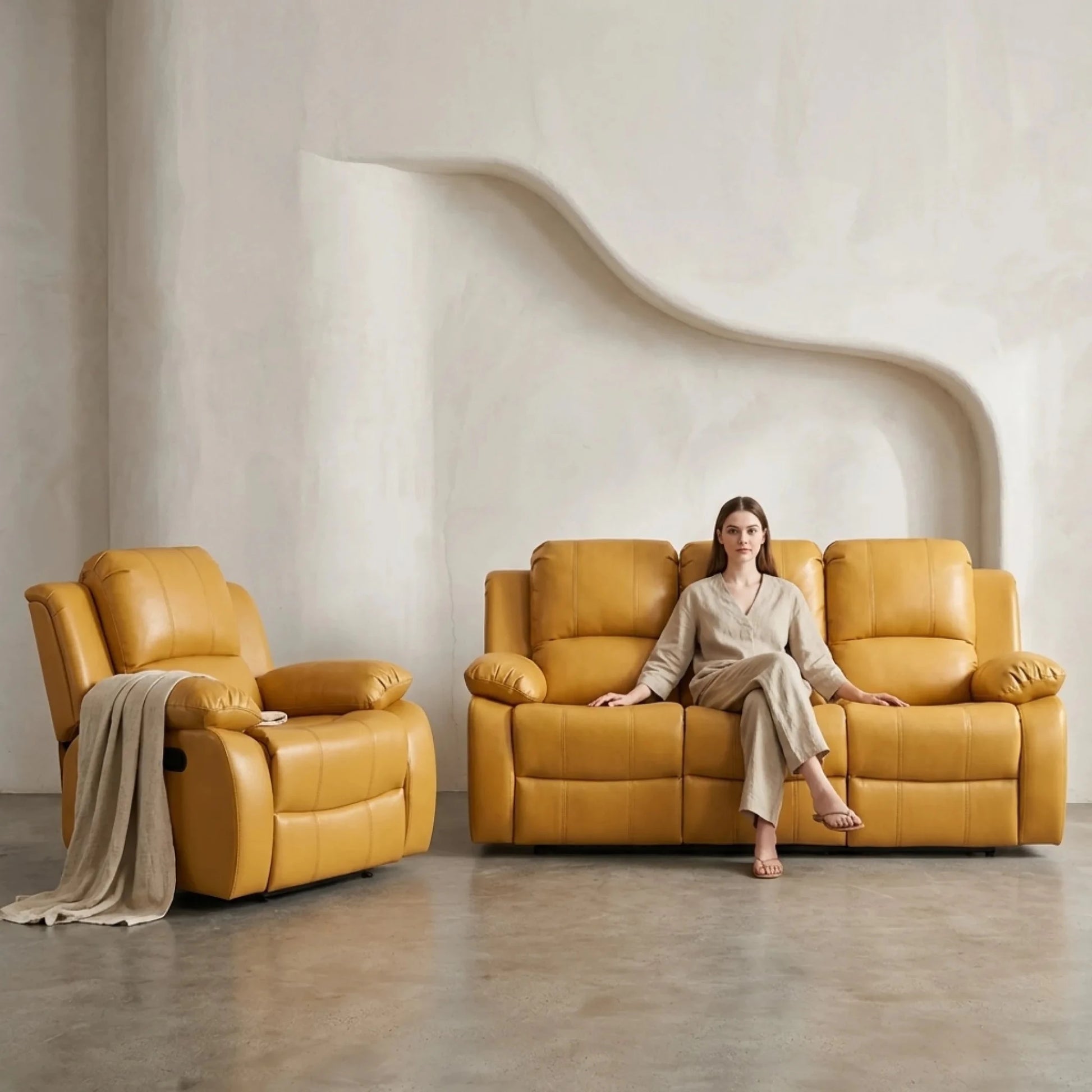 Valencia Mustard Leather Manual Recliner 3+1 Seater Sofa Set - Furniture Instore