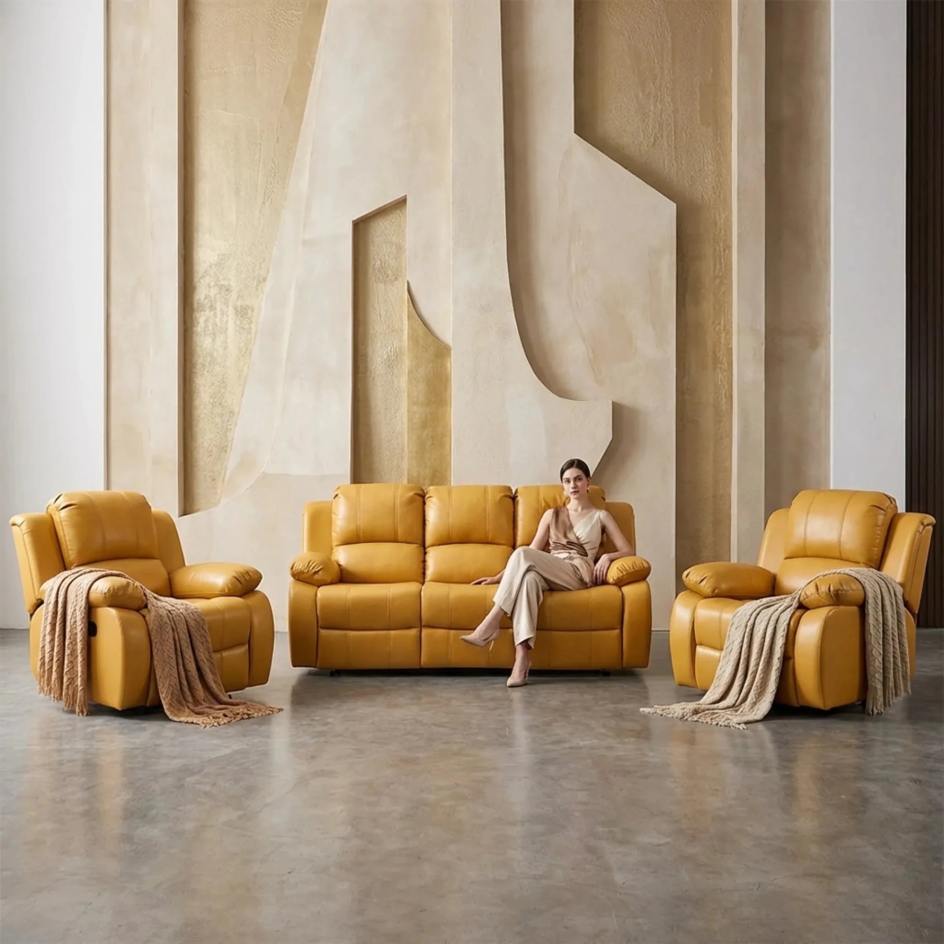 Valencia Mustard Leather Manual Recliner 3+1+1 Sofa Set - Furniture Instore