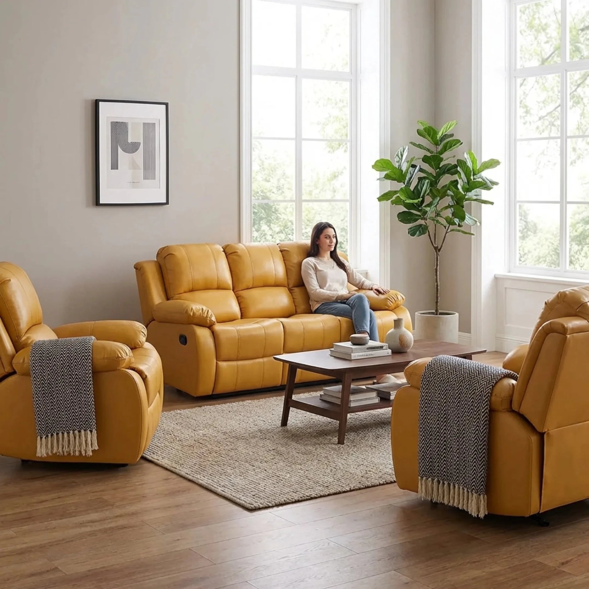 Valencia Mustard Leather Manual Recliner 3+1+1 Sofa Set - Furniture Instore