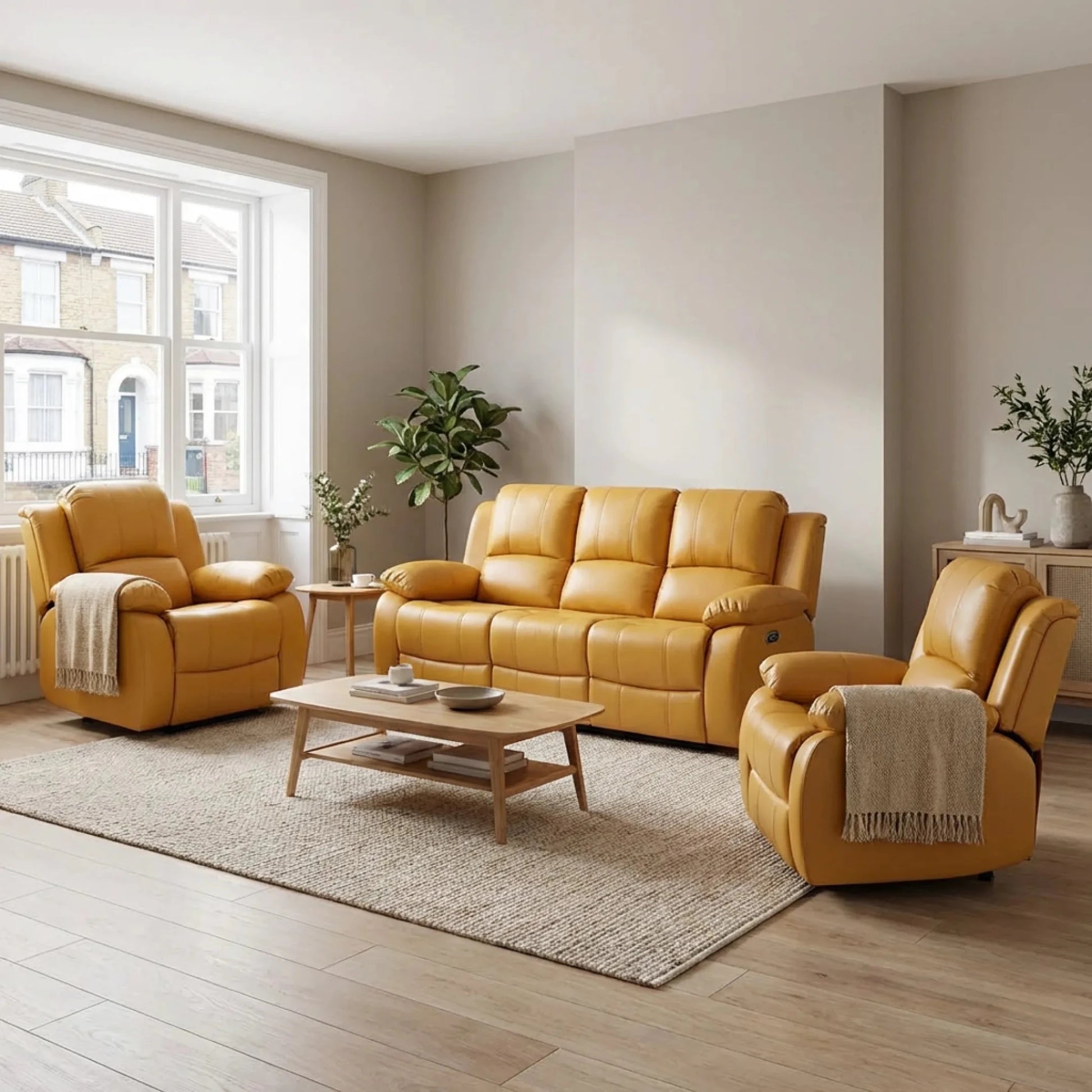 Valencia Mustard Leather Manual Recliner 3+1+1 Sofa Set - Furniture Instore