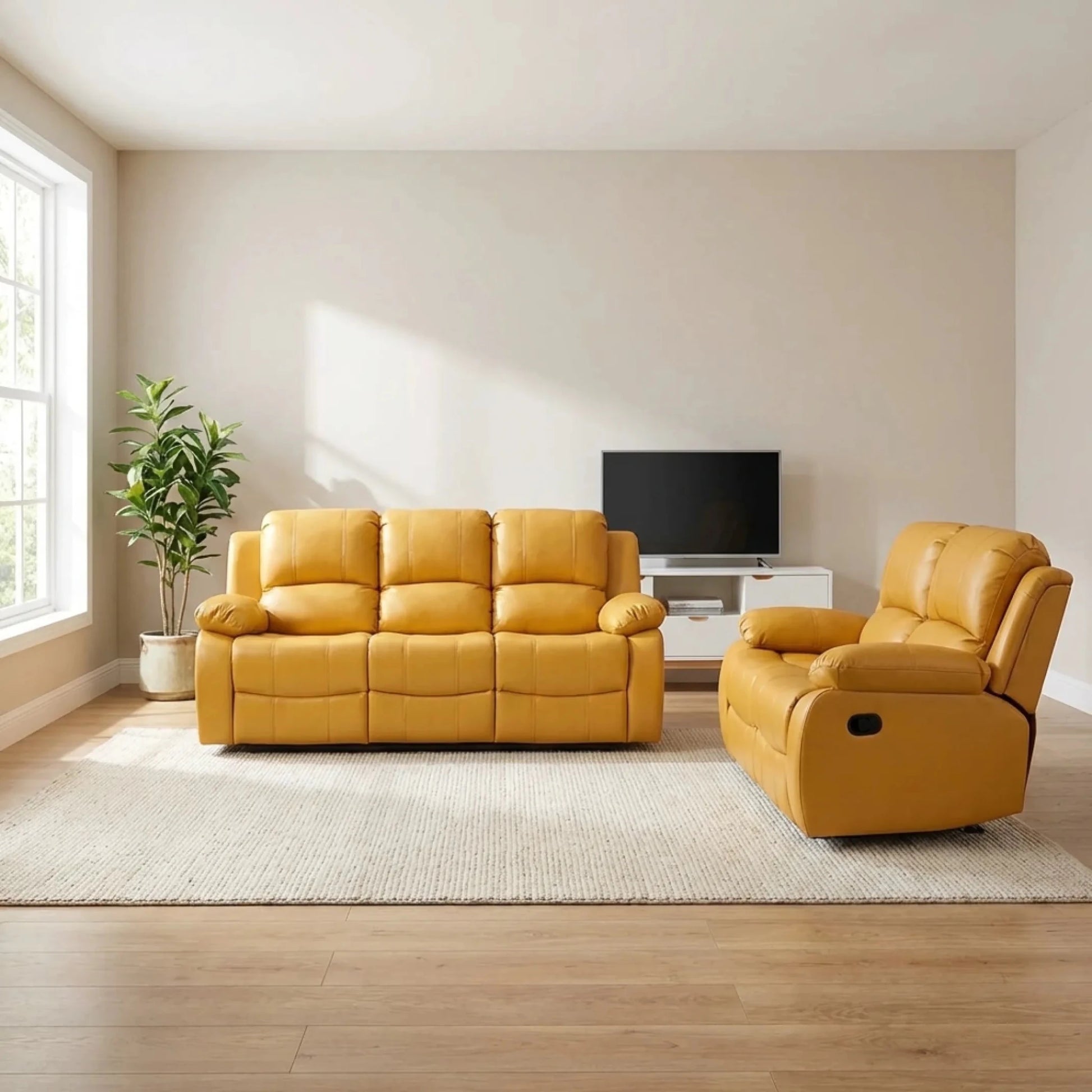 Valencia Mustard Leather Manual Recliner 3+2 Seater Sofa Set - Furniture Instore