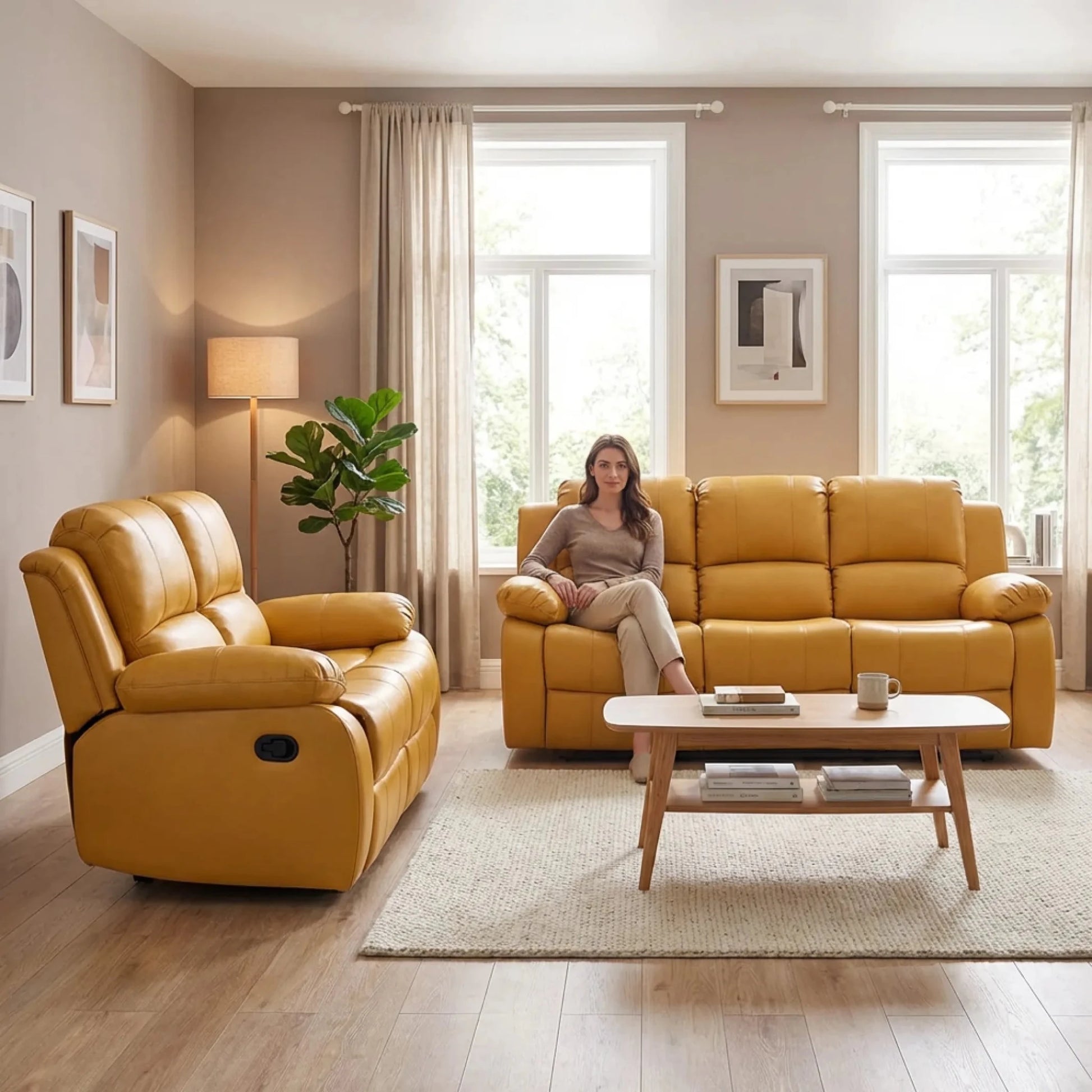Valencia Mustard Leather Manual Recliner 3+2 Seater Sofa Set - Furniture Instore