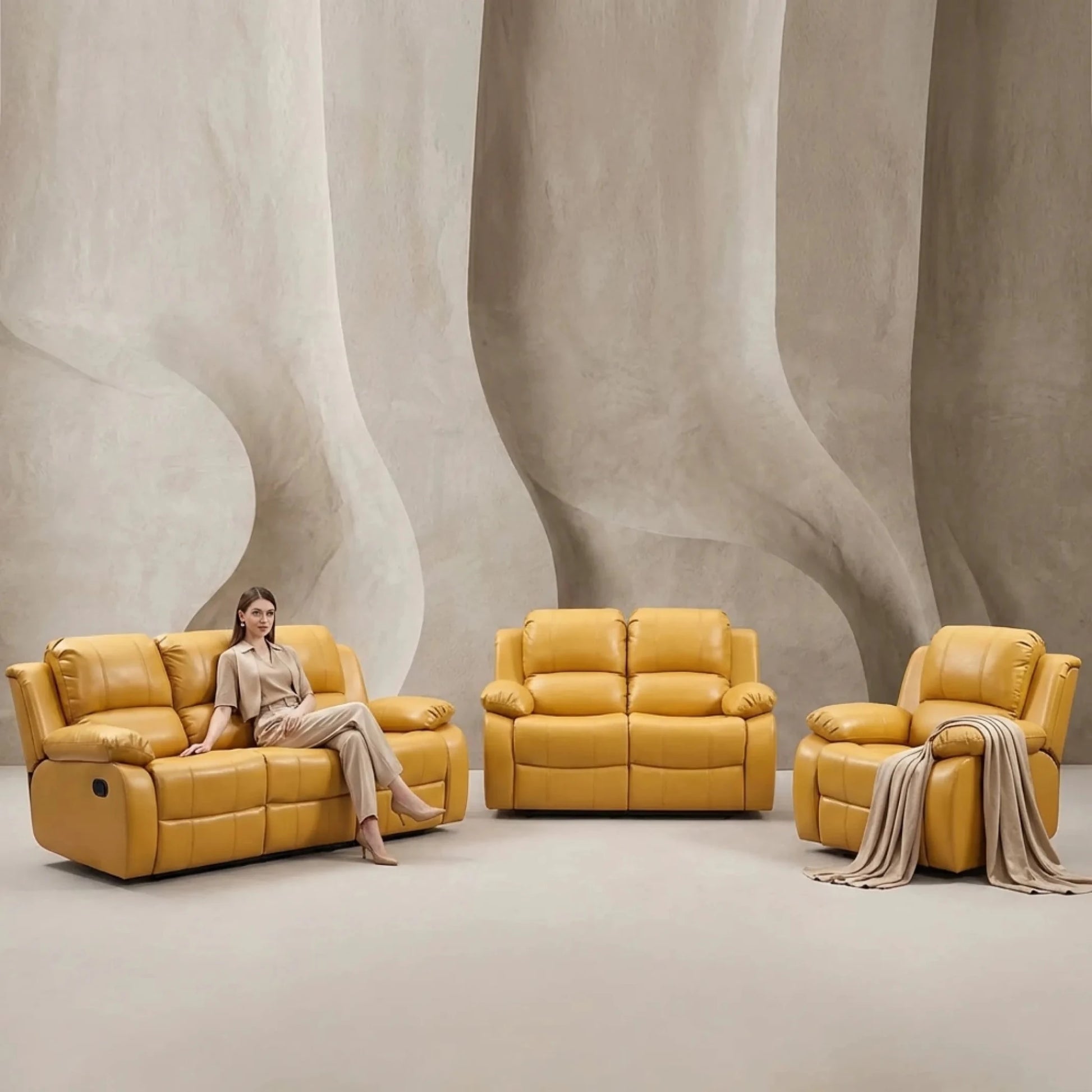 Valencia Mustard Leather Manual Recliner 3+2+1 Seater Sofa Set - Furniture Instore