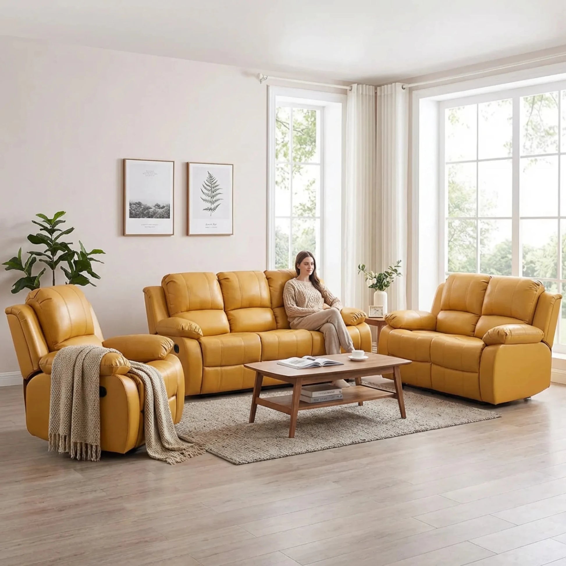 Valencia Mustard Leather Manual Recliner 3+2+1 Seater Sofa Set - Furniture Instore