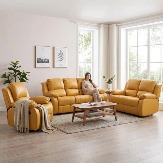 Valencia Mustard Leather Manual Recliner 3+2+1 Seater Sofa Set - Furniture Instore