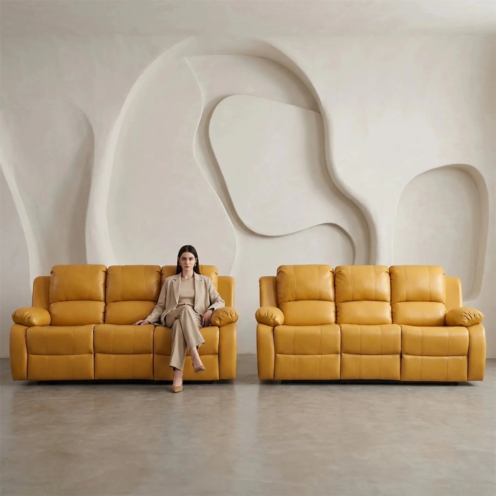 Valencia Mustard Leather Manual Recliner 3+3 Seater Sofa Set - Furniture Instore