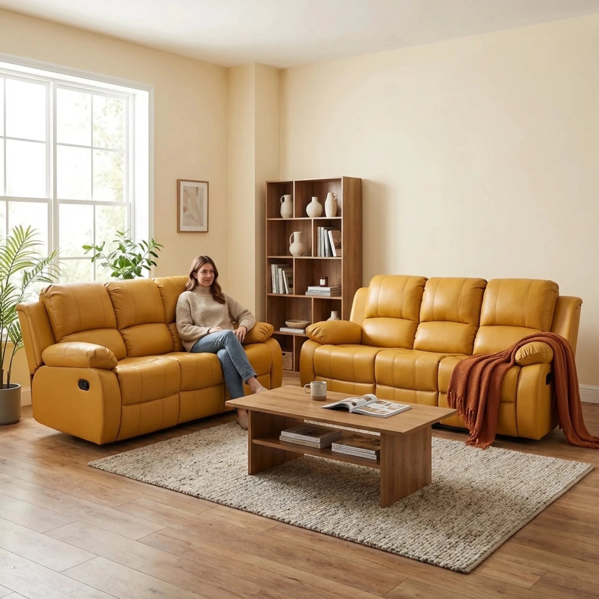 Valencia Mustard Leather Manual Recliner 3+3 Seater Sofa Set - Furniture Instore
