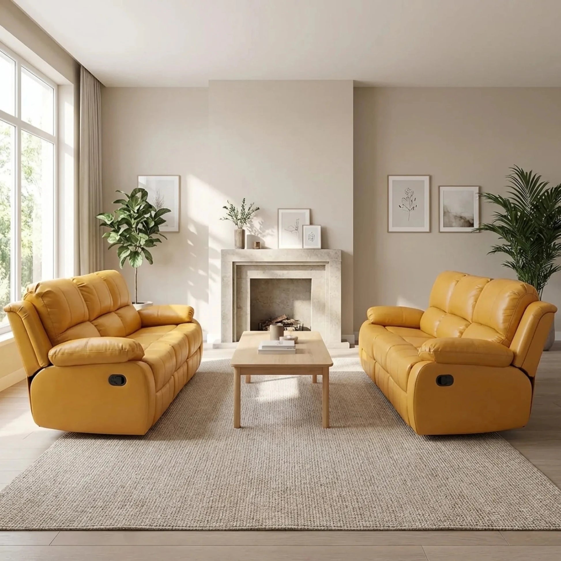 Valencia Mustard Leather Manual Recliner 3+3 Seater Sofa Set - Furniture Instore