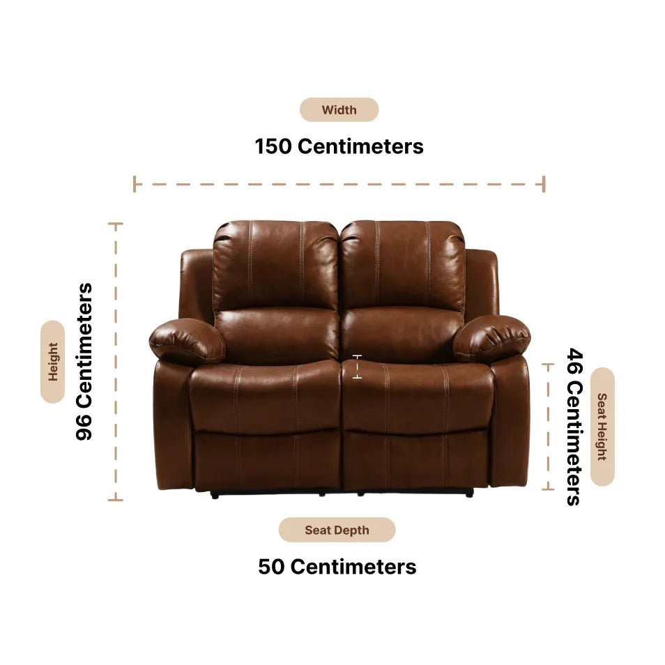 Valencia Tan Leather 2 Seater Manual Recliner Sofa — Dimension diagram