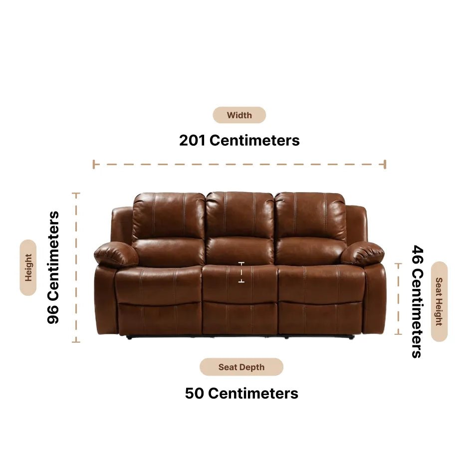 Valencia Tan Leather 3 Seater Manual Recliner Sofa — Dimension diagram
