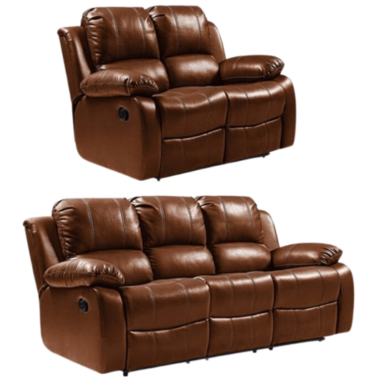 Two brown leather reclining sofas on a white background