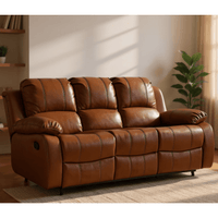 Brown leather sofa in a living room setting with plants and shelves.