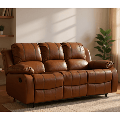 Brown leather sofa in a living room setting with plants and shelves.