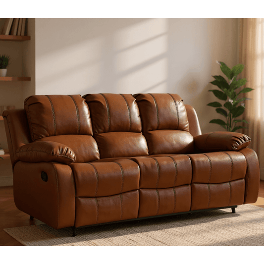 Brown leather sofa in a living room setting with plants and shelves.