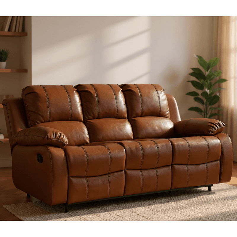 Brown leather sofa in a living room setting with plants and shelves.