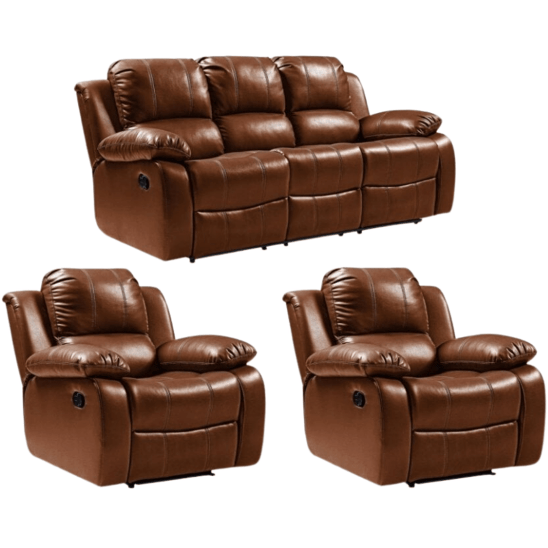 Brown leather reclining sofa set with two matching armchairs on a white background