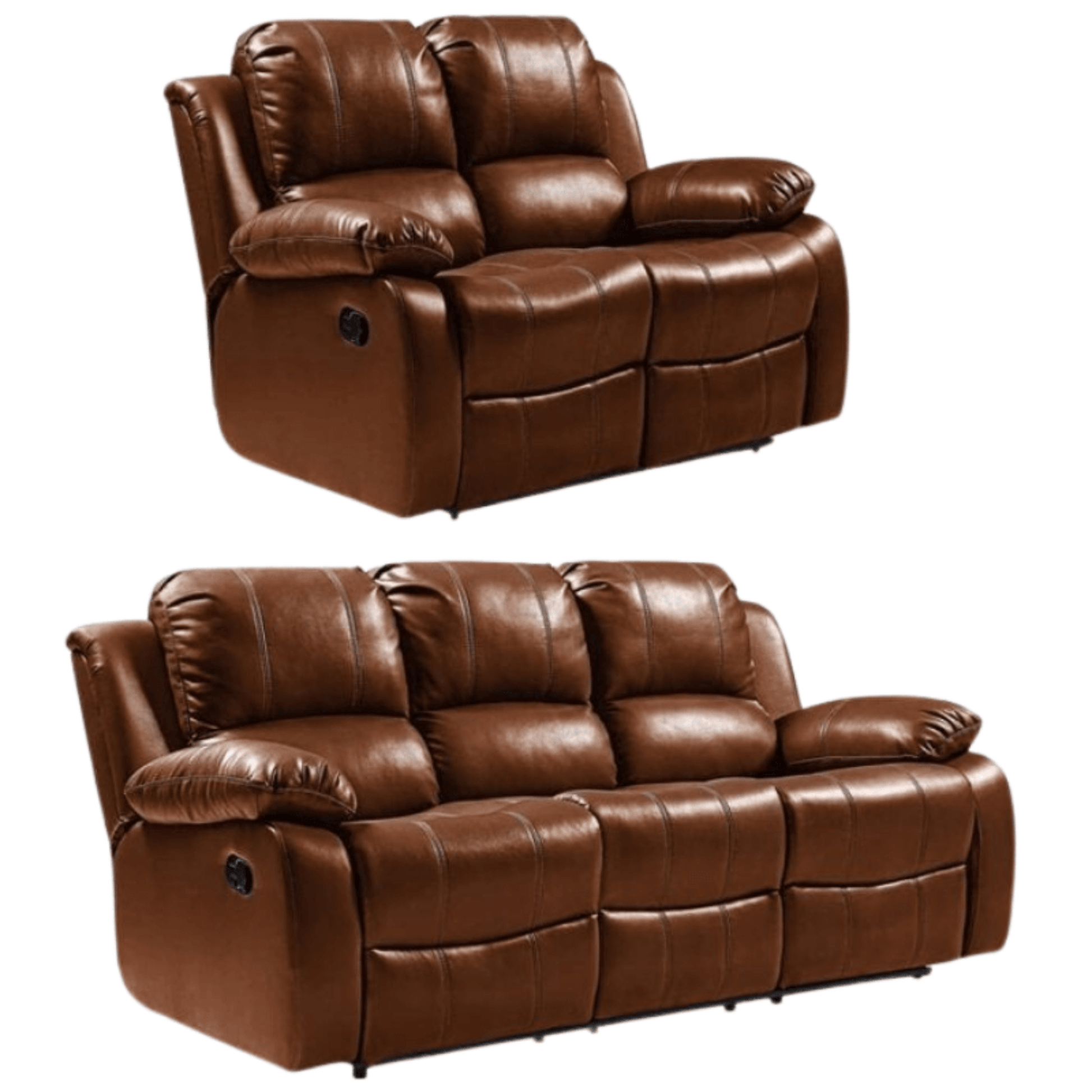 Two brown leather reclining sofas on a white background