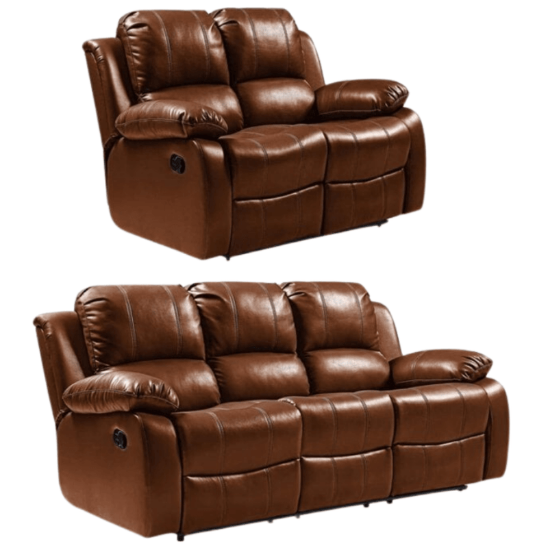 Two brown leather reclining sofas on a white background