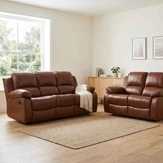 Tan Leather Manual Recliner 3+2 Seater Sofa Set