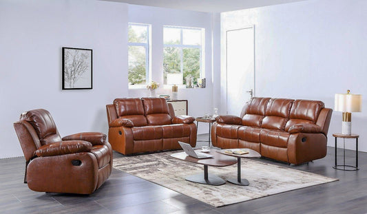 Brown leather sofa set in a living room with a coffee table and decor.