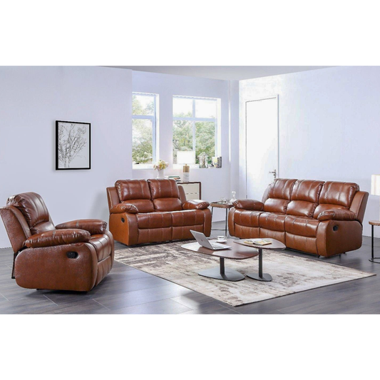 Brown leather sofa set in a living room with a coffee table and decor items.