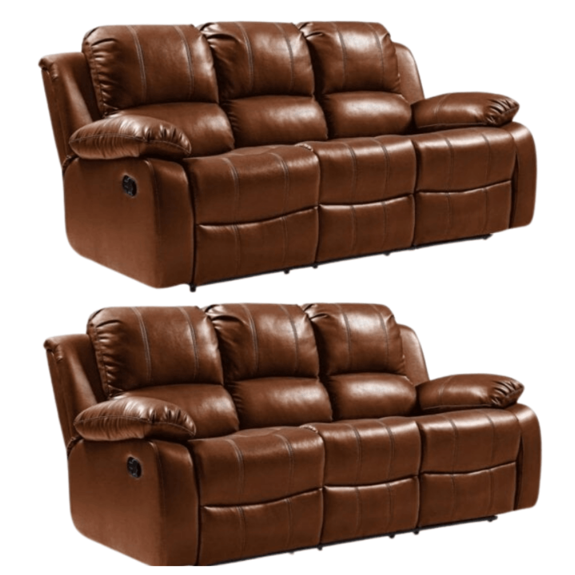 Two brown leather reclining sofas on a white background