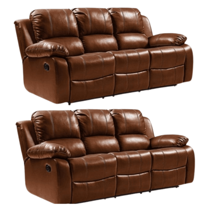 Two brown leather reclining sofas on a white background
