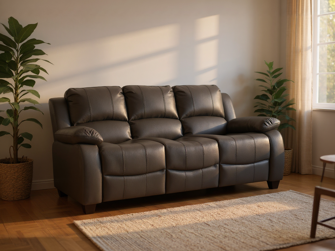 Modern 3 seater grey leather sofa in stylish contemporary living room interior