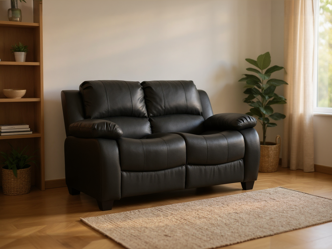 Stylish 2-seater black leather sofa in modern living room setting – contemporary leather couch with minimalist interior design