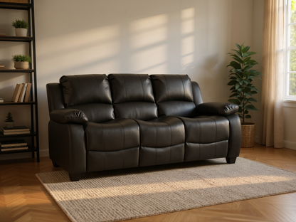 Stylish 3-seater black leather sofa in modern living room setting – contemporary leather couch with minimalist interior design