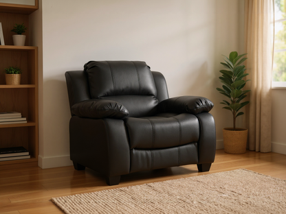 Stylish black leather armchair in modern living room setting – contemporary leather armchair with minimalist interior design