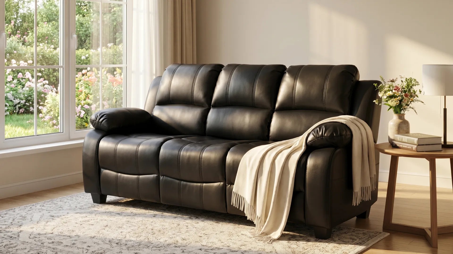 Valerie Black Leather Comfortable Modern 3 Seater Sofa - Furniture Instore
