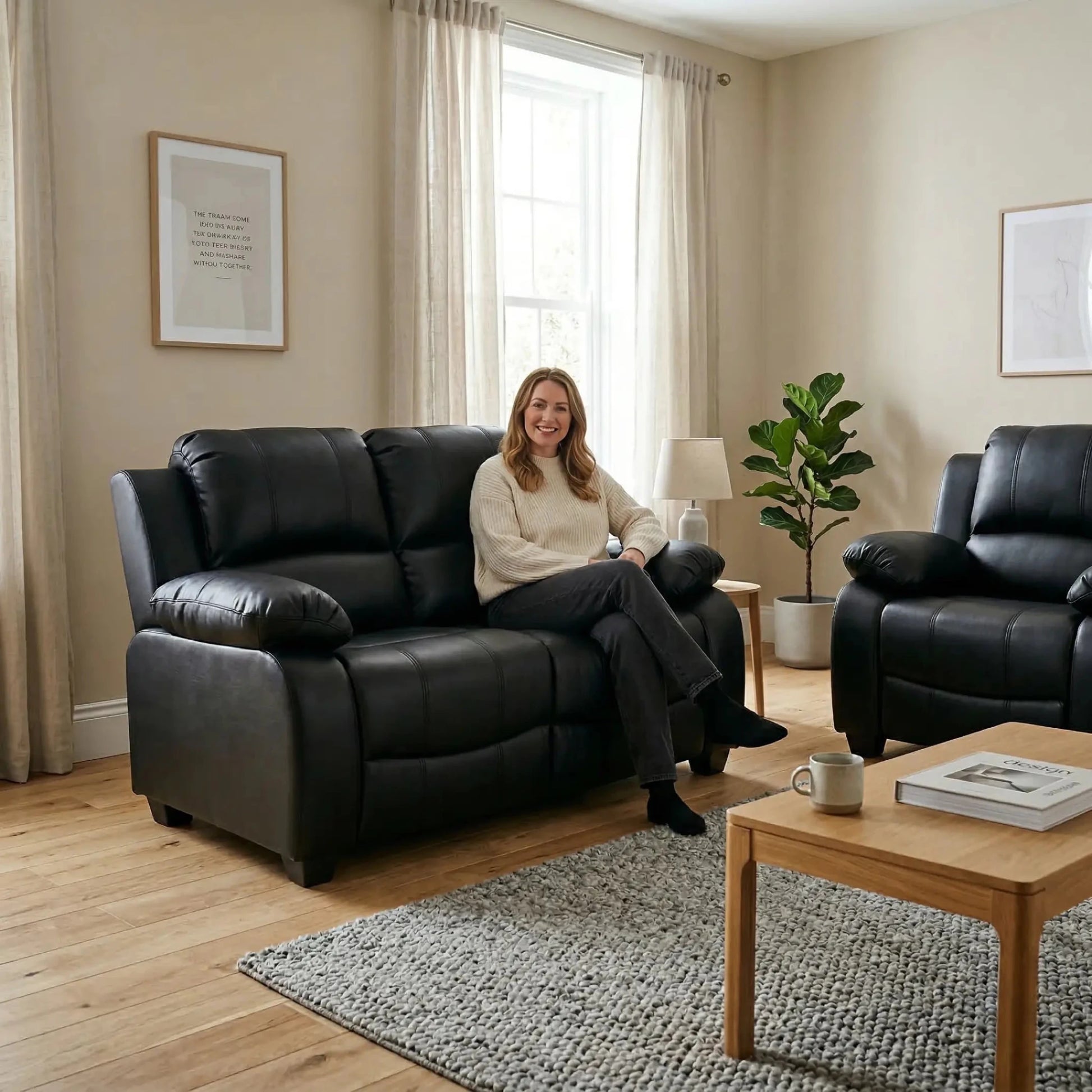 Valerie Black Leather Modern 2+1 Seater Sofa Set - Furniture Instore
