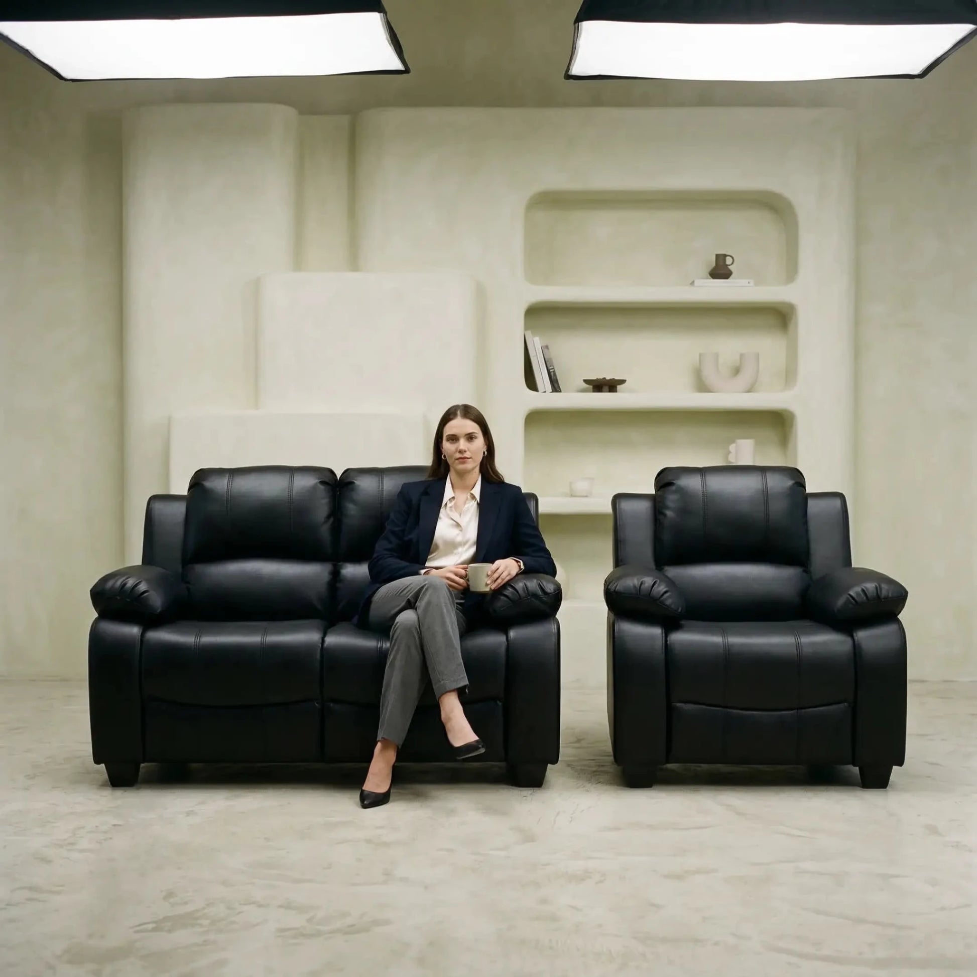 Valerie Black Leather Modern 2+1 Seater Sofa Set - Furniture Instore