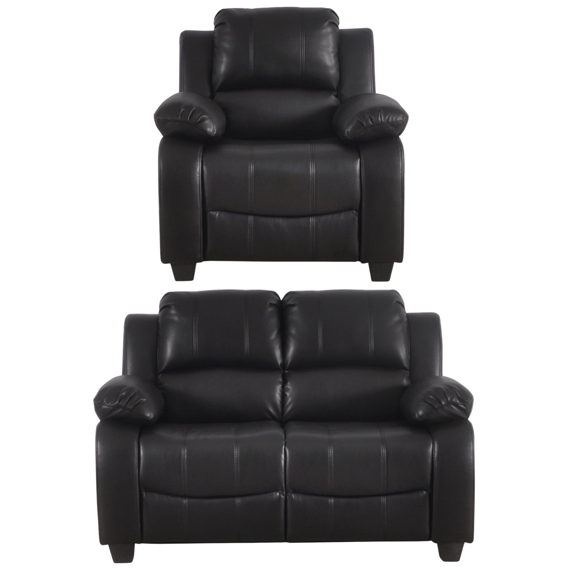 Black leather recliner chair and loveseat set on a white background
