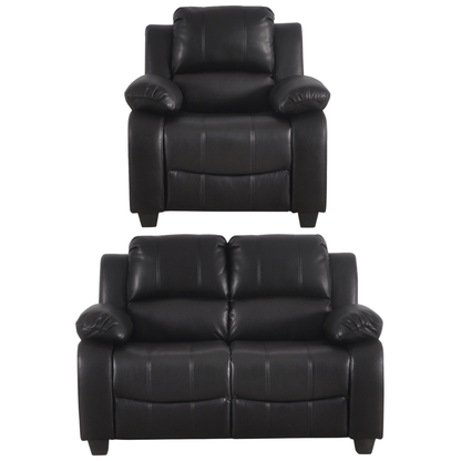 Black leather recliner chair and loveseat set on a white background