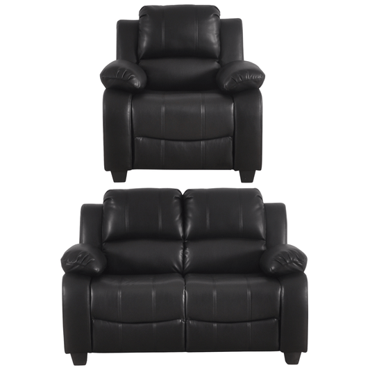 Black leather recliner chair and loveseat set on a white background