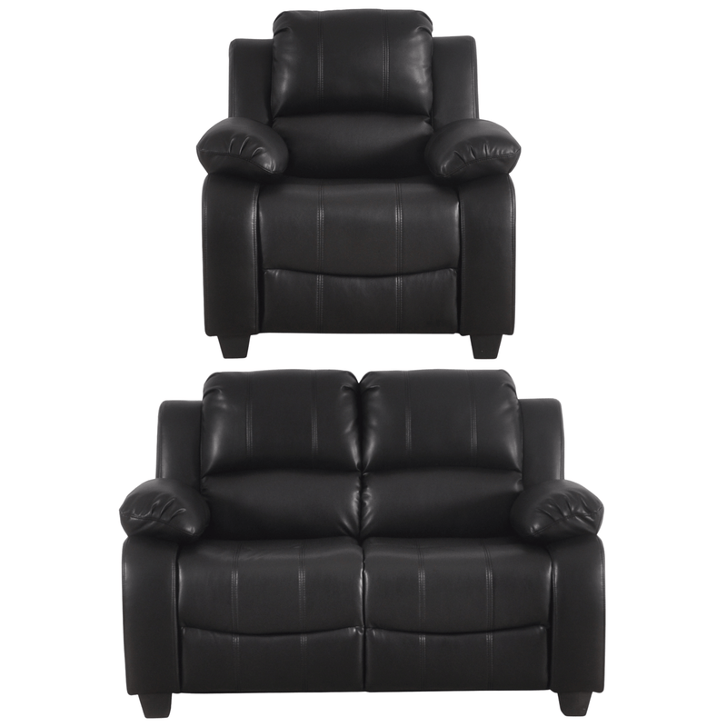 Black leather recliner chair and loveseat set on a white background