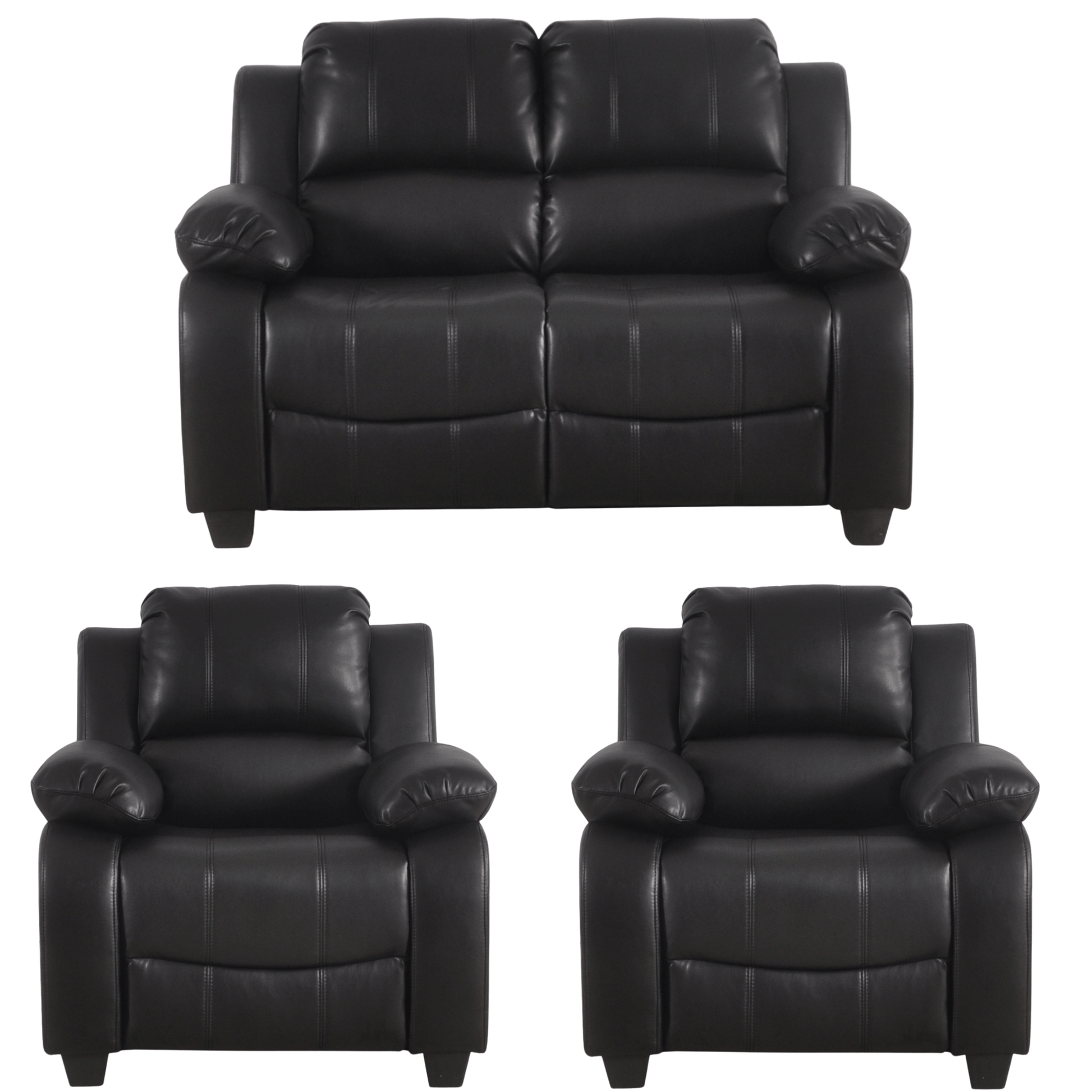 Black leather sofa set with two armchairs on a white background