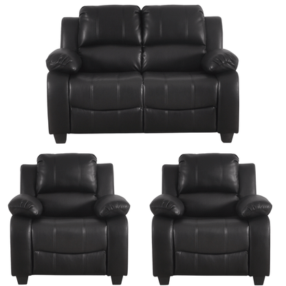 Black leather sofa set with two armchairs on a white background